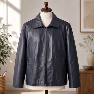 Denim & Co Leather Jacket Womens 5X Navy Blue Full Zip 3/4 Sleeve Casual